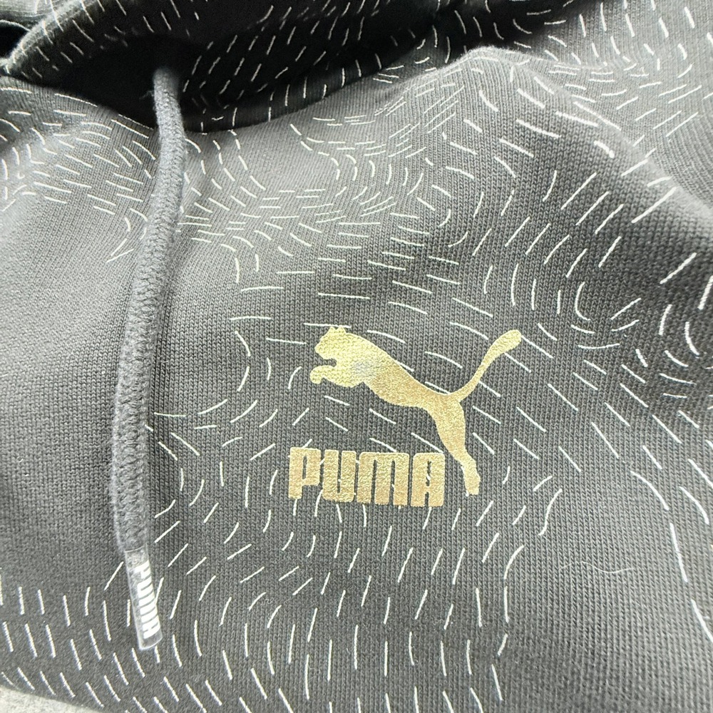 Puma Womens Size L Abstract‎ Floral Dash Print Hoodie Gray Gold Logo 598960-61 - Picture 7 of 9